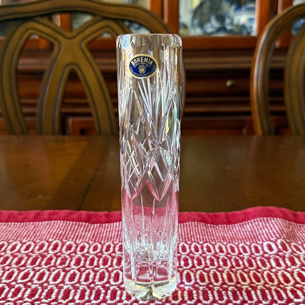 Vintage Bohemia Czech Republic Lead Crystal Hand Cut Footed Bud Vase 7.25”